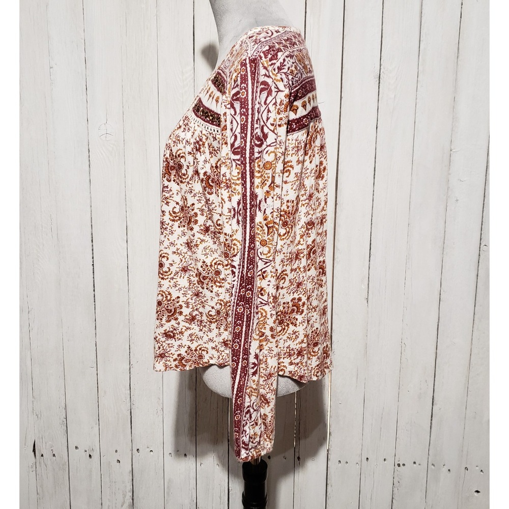 Lucky Brand L Knit Top Cream Burgundy Floral Tassel Sequins Lace Cottage Boho - Picture 4 of 9